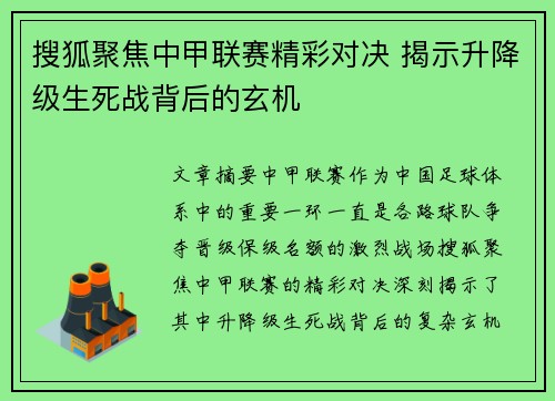 搜狐聚焦中甲联赛精彩对决 揭示升降级生死战背后的玄机