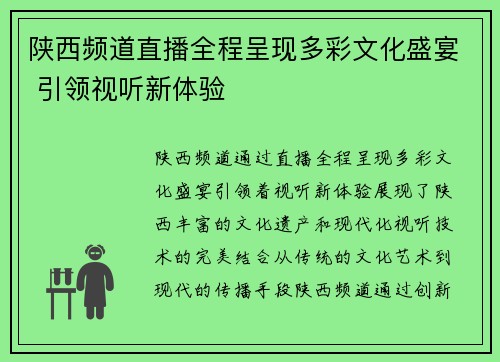 陕西频道直播全程呈现多彩文化盛宴 引领视听新体验